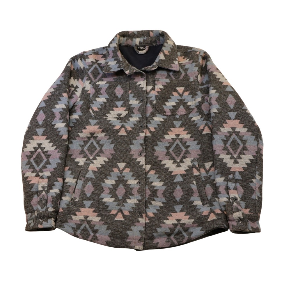Stoic Womens Small Shirt Jacket Grey Southwestern Aztec Fleece Lined Wool Blend